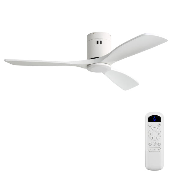 White flush-mount ceiling fan with 3 blades and remote controller, no light