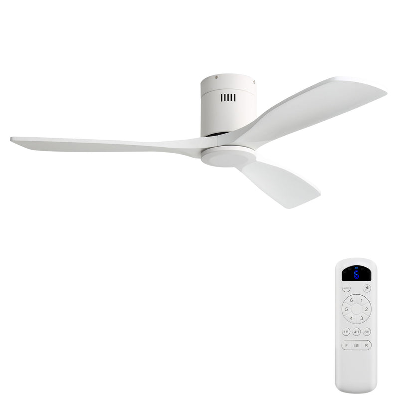 White flush-mount ceiling fan with 3 blades and remote controller, no light