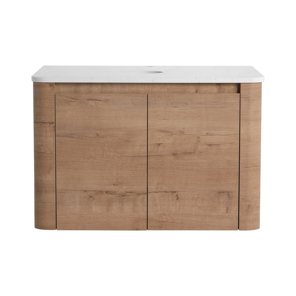 Dark wood bathroom vanity cabinet with white marble-look top and two doors