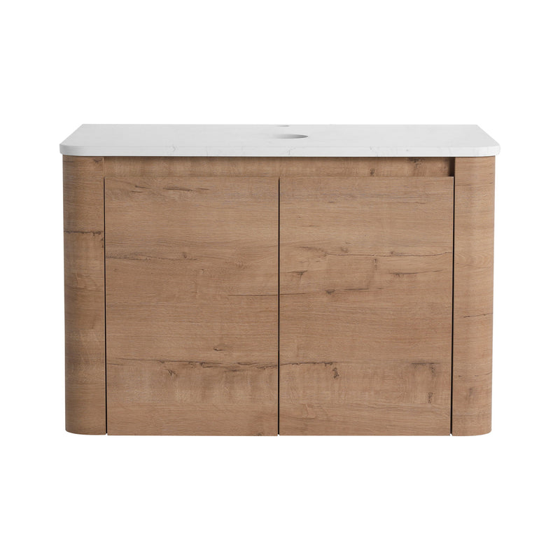 Dark wood bathroom vanity cabinet with white marble-look top and two doors