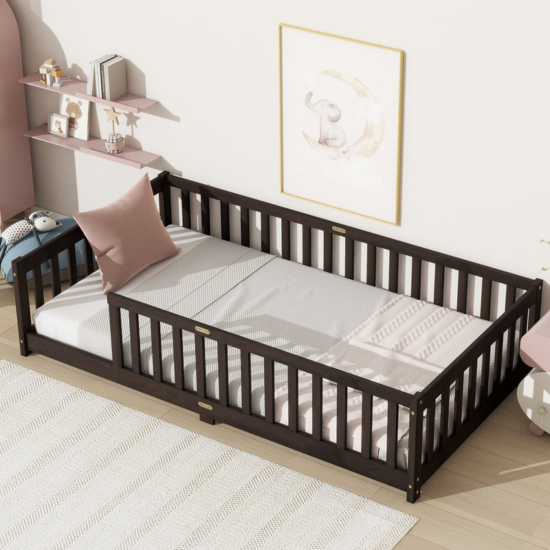 Twin Size Floor Bed with Fence without Door, Rubber Wood Floor Bed with Safety Guardrails, Espresso