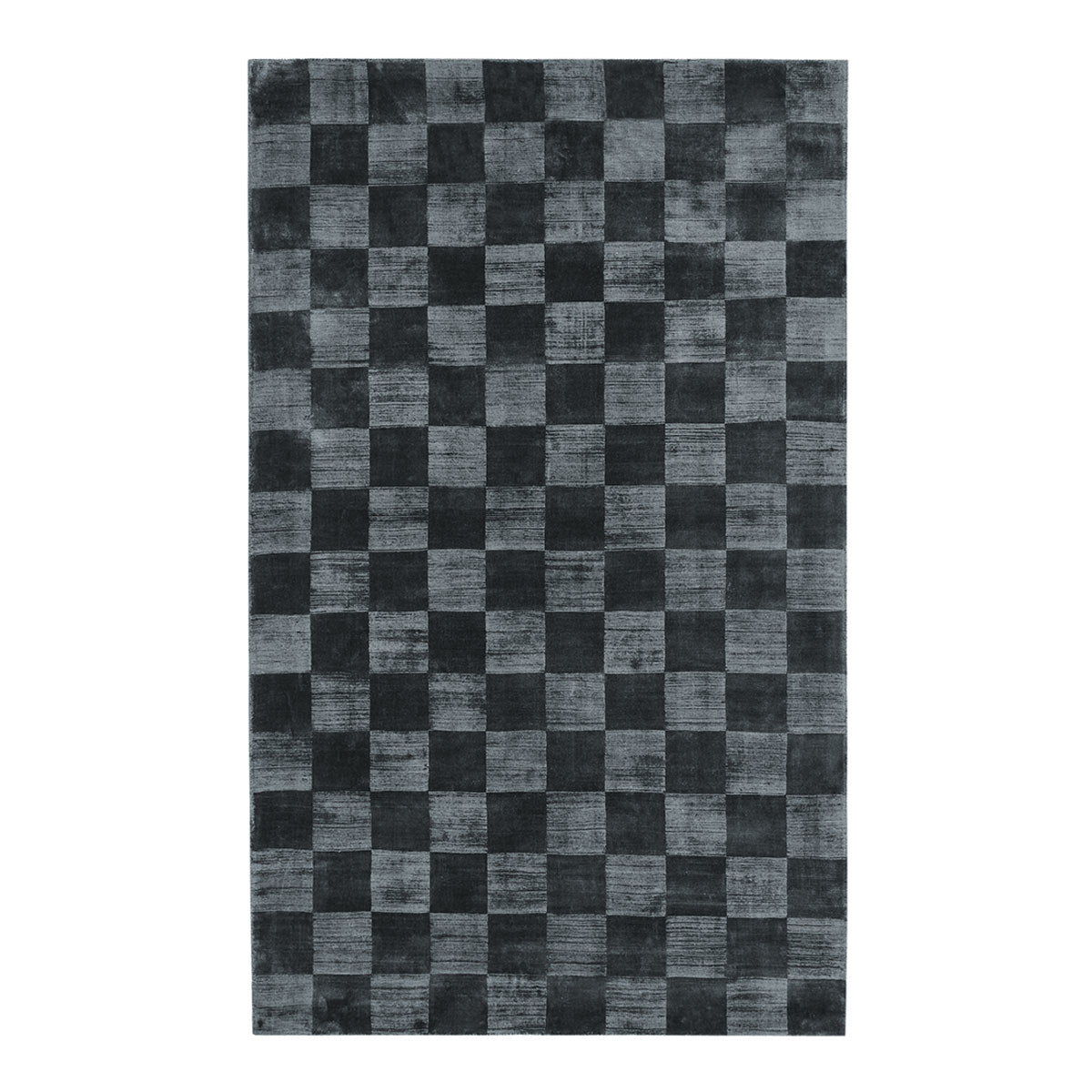 Black and gray checkered rug with alternating square sections in a grid pattern