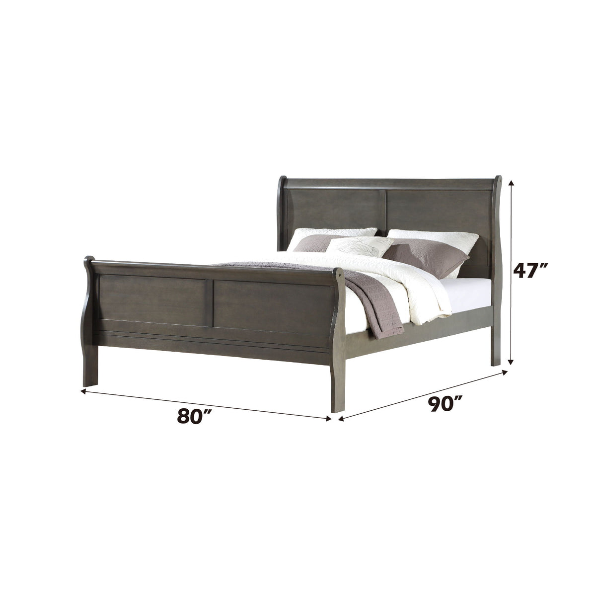 Dark gray sleigh bed side view; 80" length, 47" height