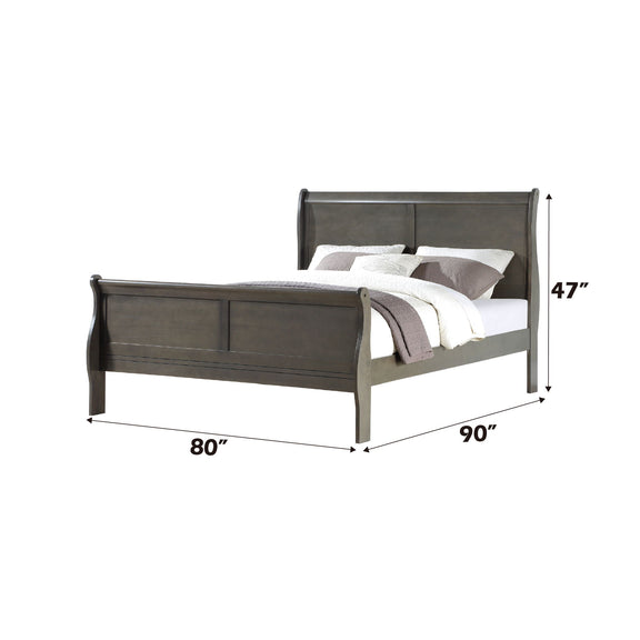 Dark gray sleigh bed side view; 80" length, 47" height