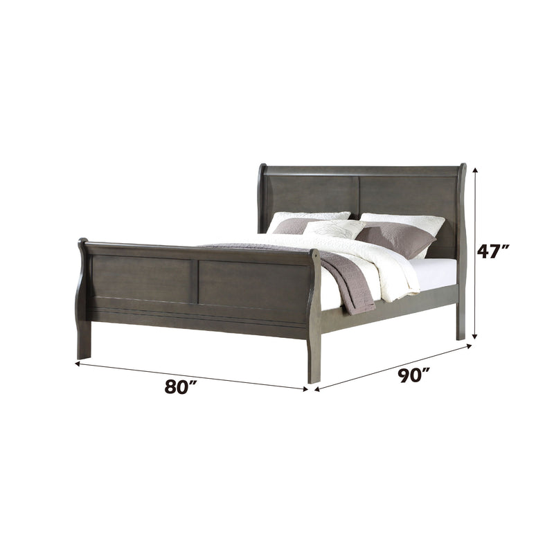 Dark gray sleigh bed side view; 80" length, 47" height