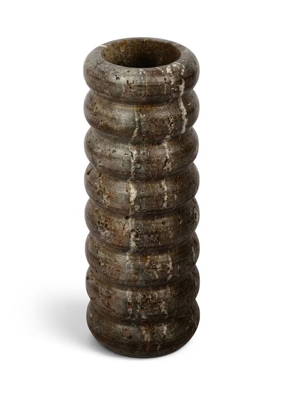 Travertine-style gray vase with stacked ridged bands and wide round opening