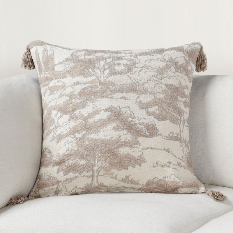 22" x 22" natural tree-pattern pillow cover with tassel accents