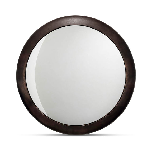Round mirror with blackened bronze ring frame and clear glass, close-up front view.