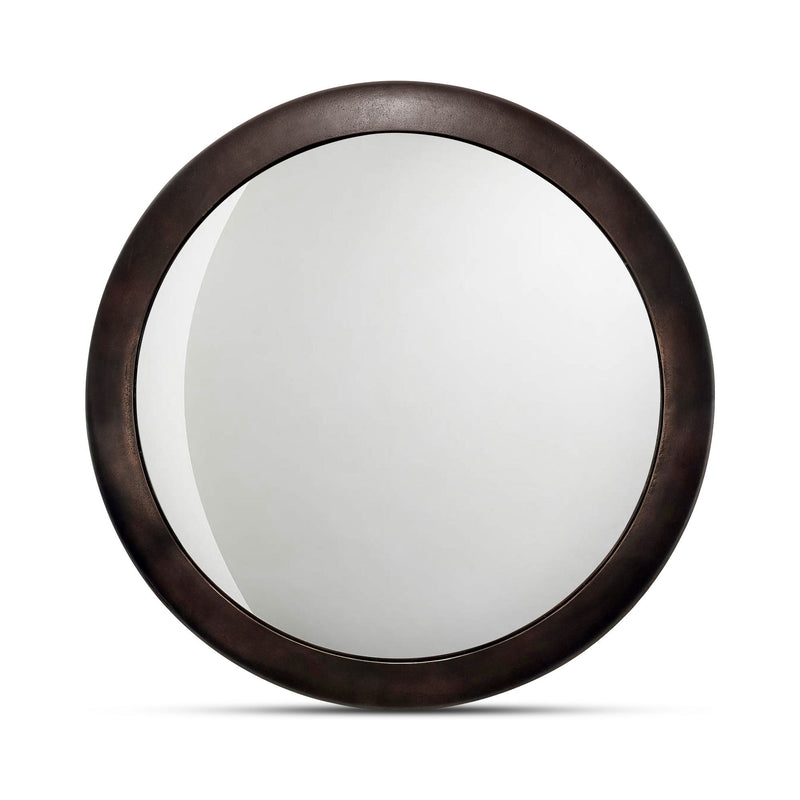Round mirror with blackened bronze ring frame and clear glass, close-up front view.
