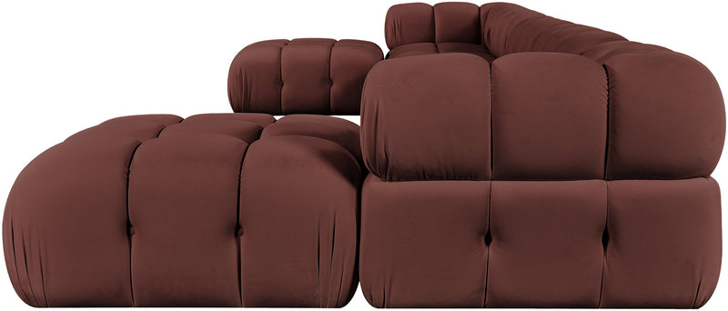 7-piece modular sectional sofa in dark red with curved corner and ottoman modules