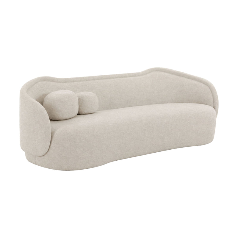 Light gray textured velvet sofa with two small bolster pillows and curved arms