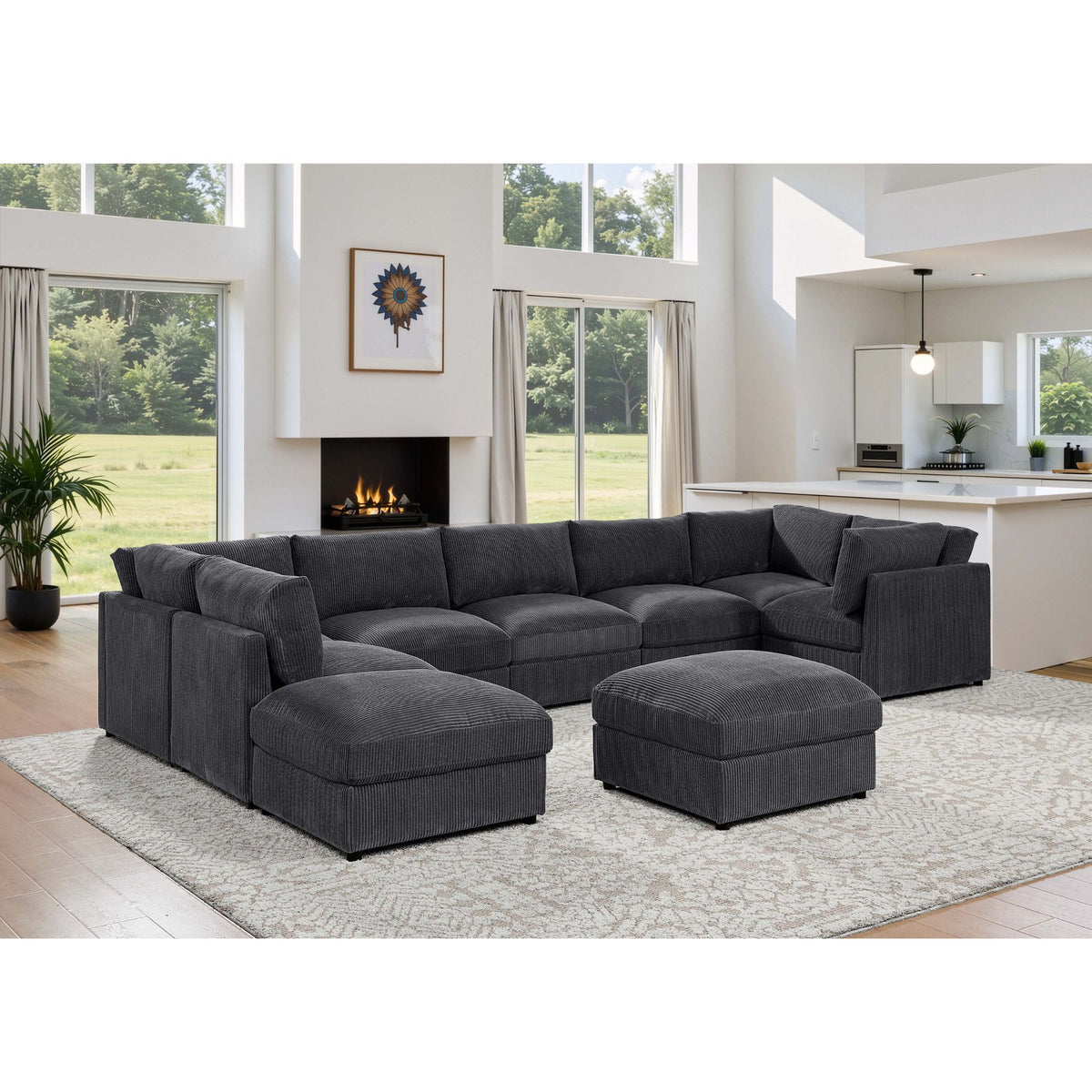 Dark gray modular sectional sofa with two ottomans, L-shape chaise seating