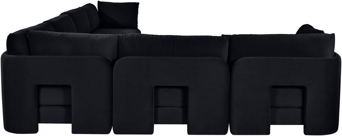 Black velvet corner sectional sofa with square arms and deep seat cushions