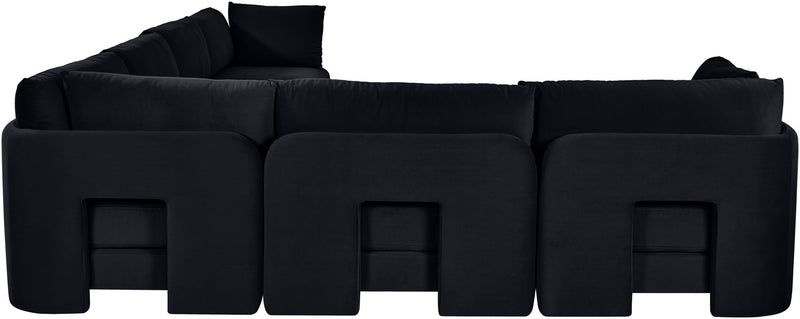 Black velvet corner sectional sofa with square arms and deep seat cushions