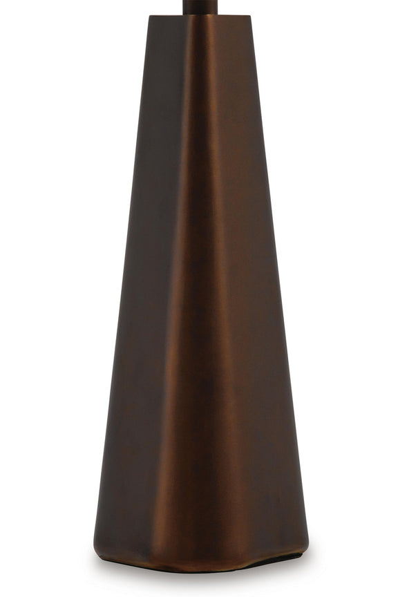 Bronze metal lamp base with dark top and white fabric shade