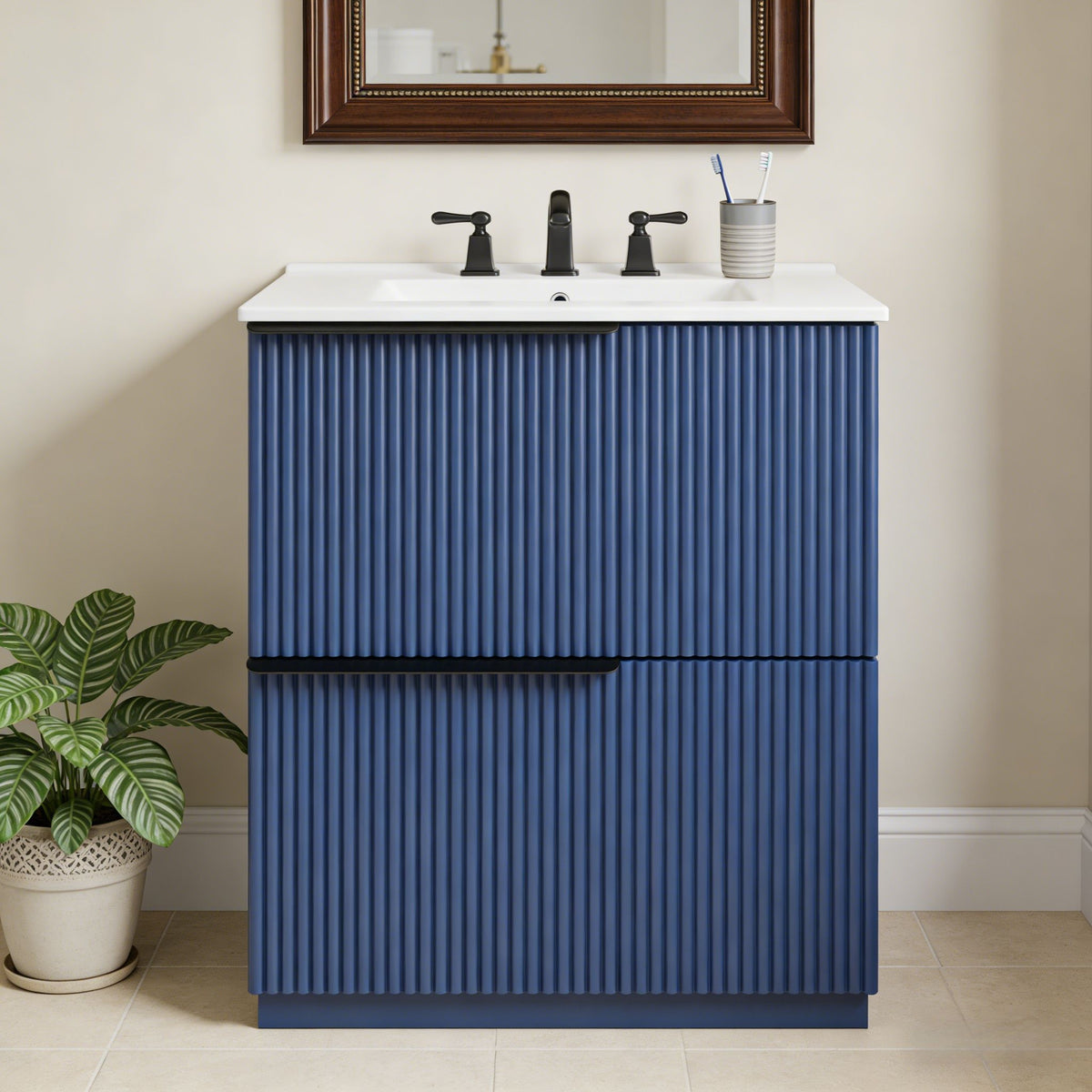 Blue fluted freestanding bathroom vanity with ceramic sink and two cabinet doors