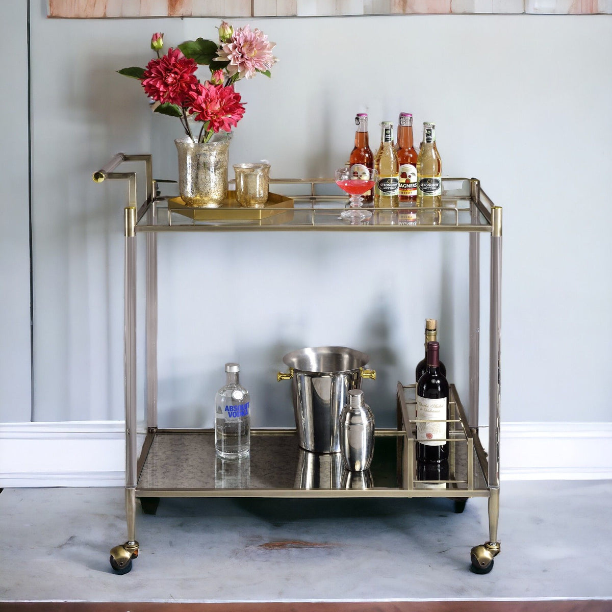 Cirro - Antique Mirror Wire Brass Serving Cart - Antique Brass / White
