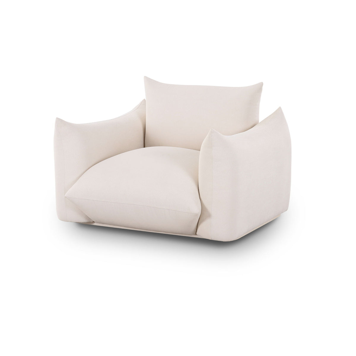 White outdoor armchair with rounded seat cushion and two side cushions, back pillow, black feet