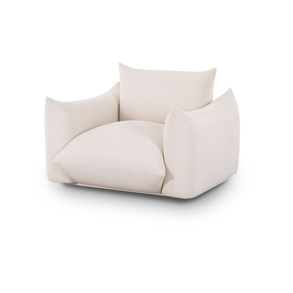 White outdoor armchair with rounded seat cushion and two side cushions, back pillow, black feet