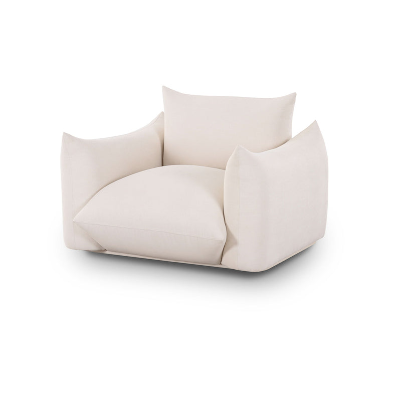 White outdoor armchair with rounded seat cushion and two side cushions, back pillow, black feet