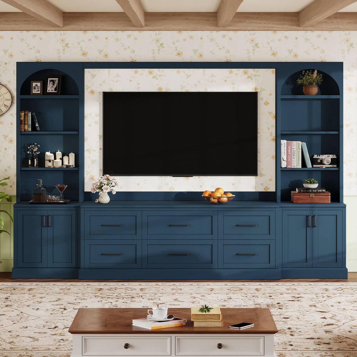 Arched Entertainment Center Wall Unit With 6 Drawers, Large TV Stand With Bookshelves