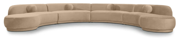 Beige velvet sectional sofa with curved chaise seats