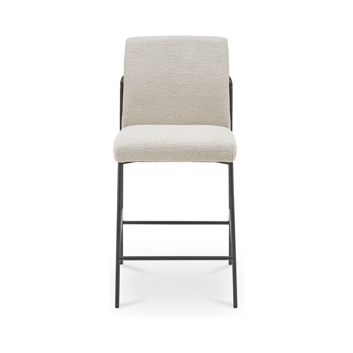 Ivory/beige upholstered counter stool, padded seat and back, black metal legs, footrest.