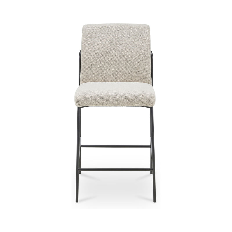 Ivory/beige upholstered counter stool, padded seat and back, black metal legs, footrest.