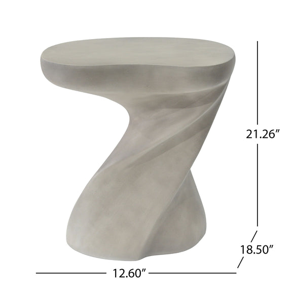 Twisted sculptural side table with round top and hourglass-shaped base in light gray