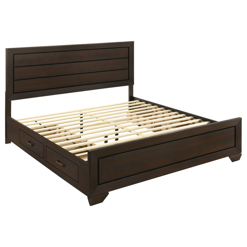 Dark brown wood platform bed with panel headboard, slat mattress base, and front drawers