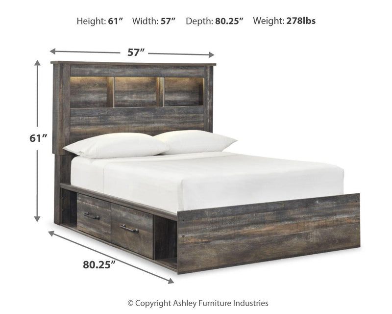 Panel bookcase bed with dark wood finish, open shelf headboard, and two side drawers