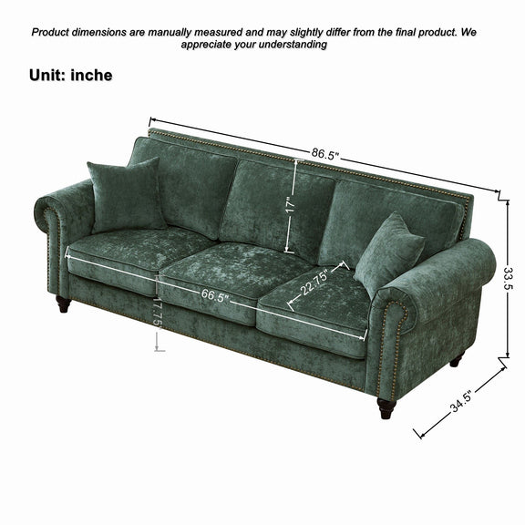 Dark green tufted sofa with rolled arms, showing seat and back cushions