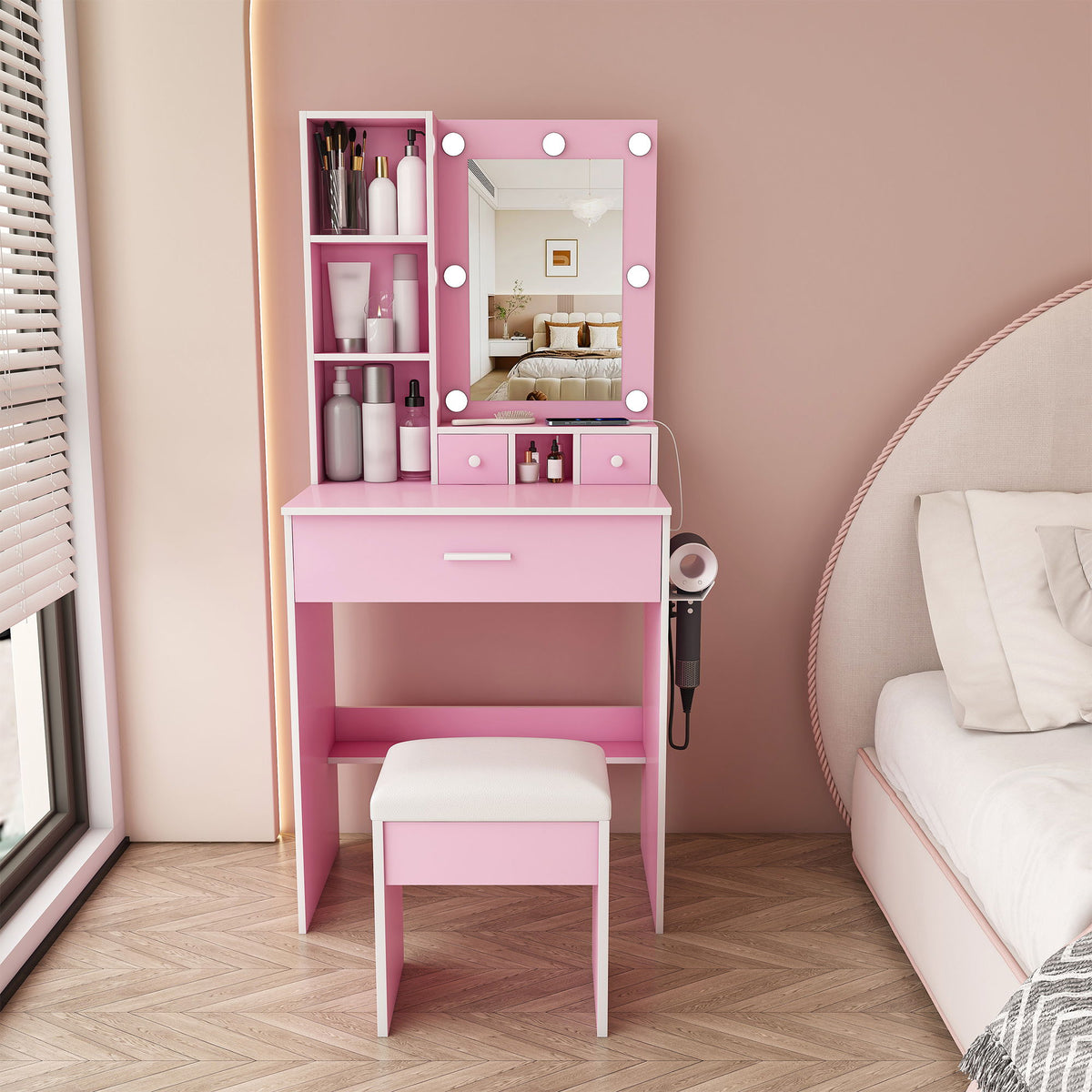 Vanity Table With Mirror, Adjustable LED Lights, Power Outlet, Hairdryer Holder & Stool