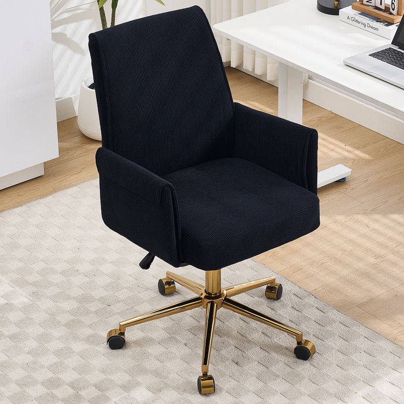 Black mid-back office chair with padded arms, gold legs, and rolling casters