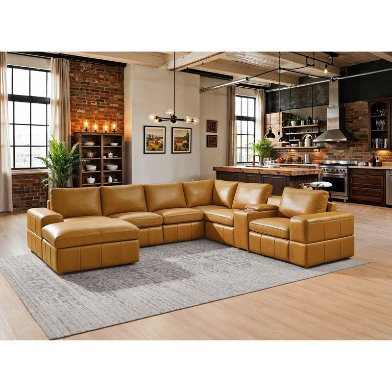 Light brown modular sectional sofa with large square arms, L-shape and chaise corner