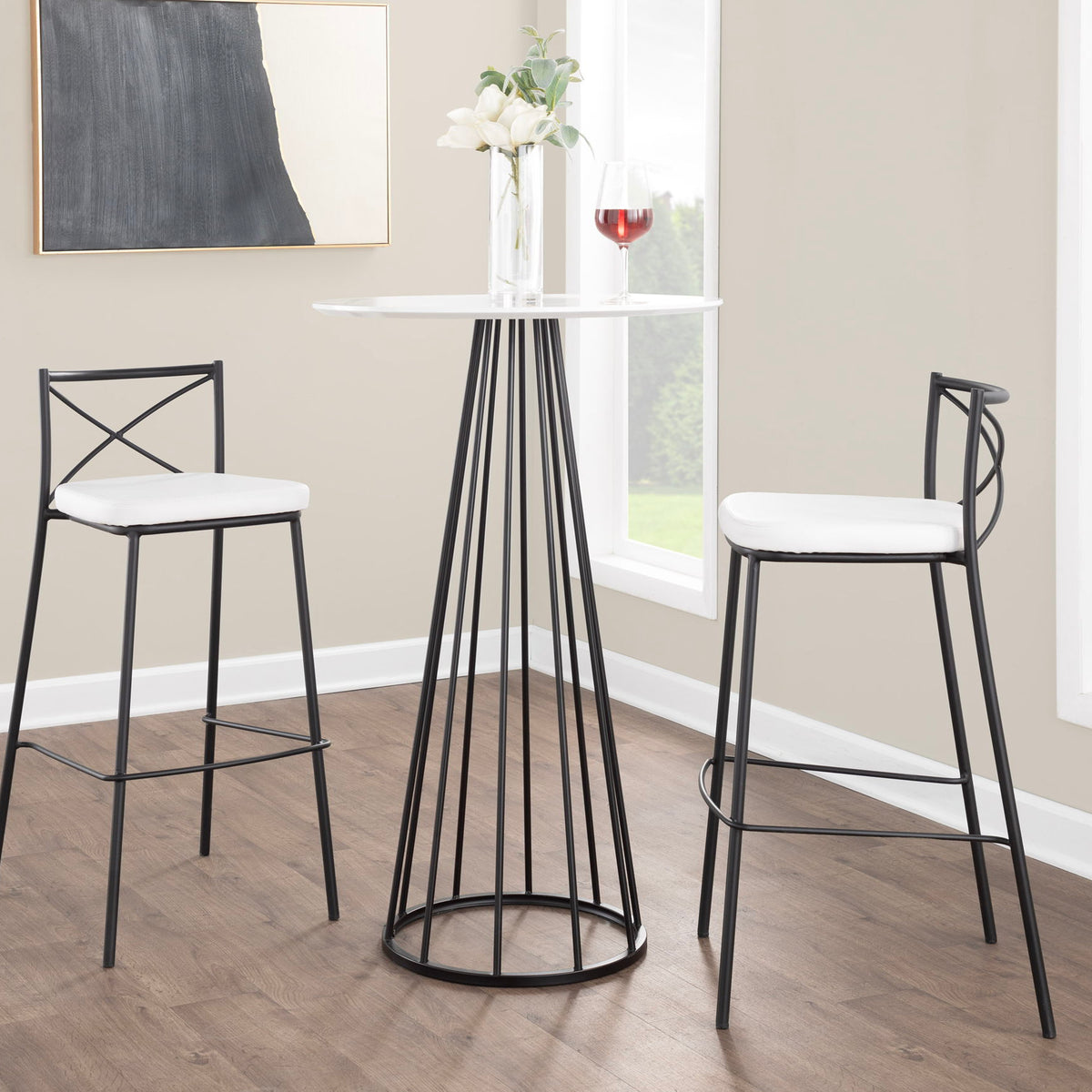 Black contemporary fixed-height barstool with white upholstered seat and open X-back.