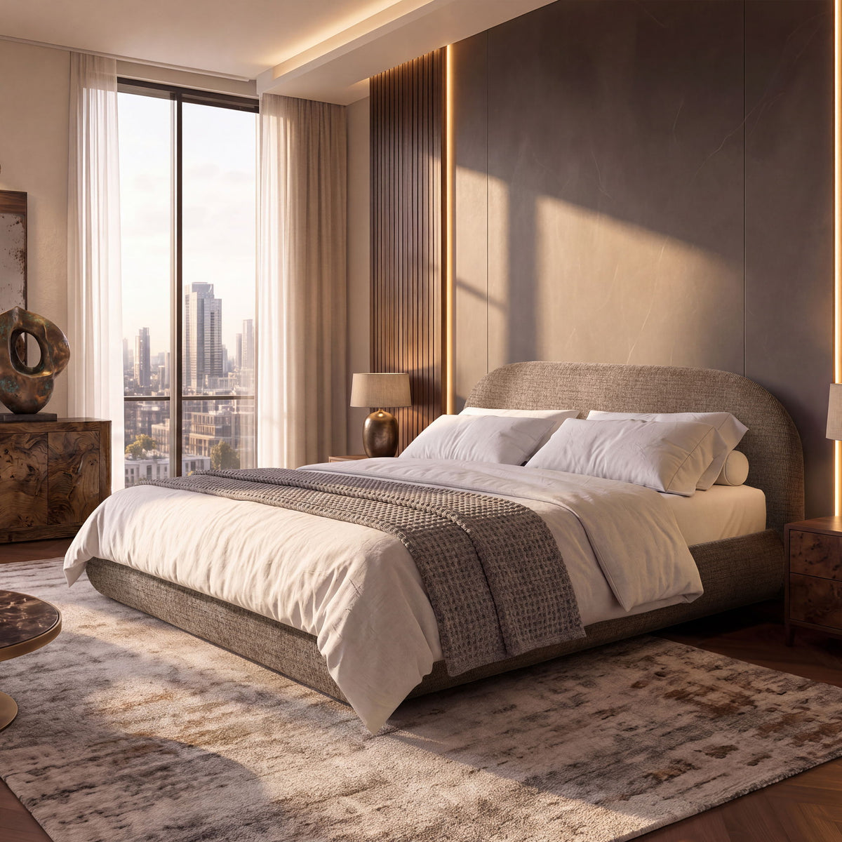 Upholstered platform bed in dark brown fabric with rounded headboard and slat support