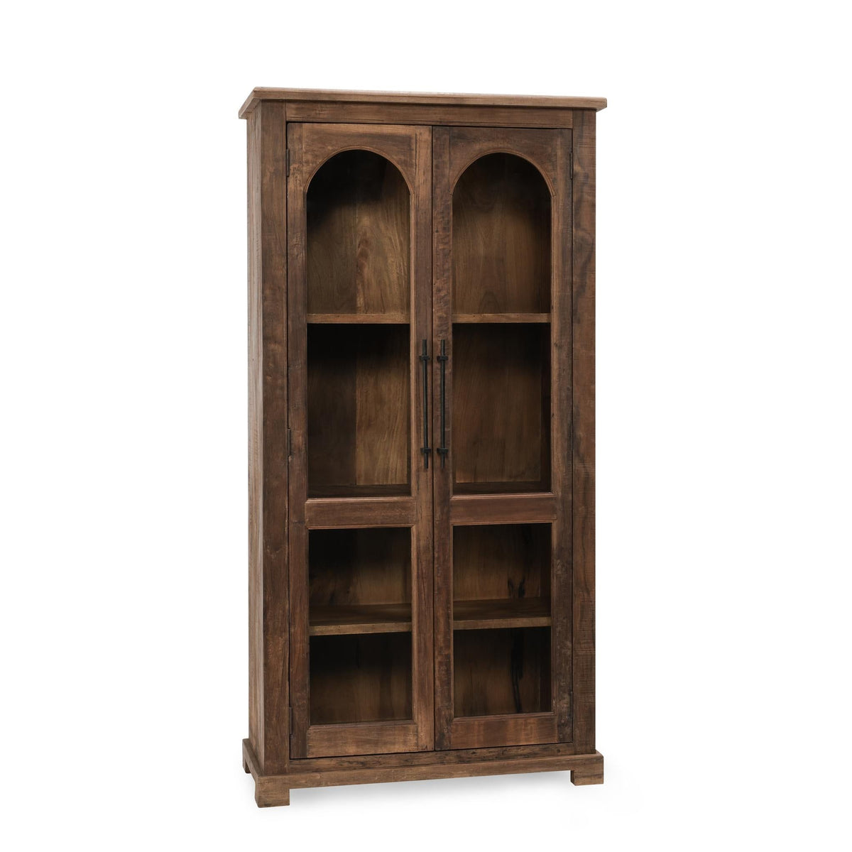 Tall reclaimed wood cabinet with natural finish, open doors, arched top compartments and shelves.