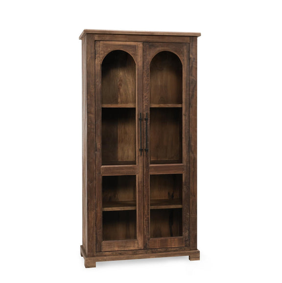 Tall reclaimed wood cabinet with natural finish, open doors, arched top compartments and shelves.