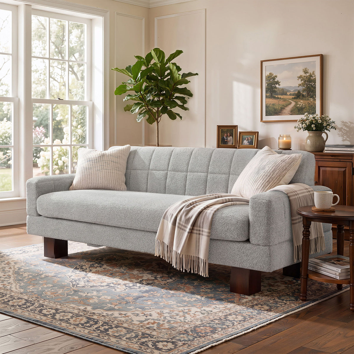 Gray 2-seater loveseat sofa with square arms and tufted back cushions