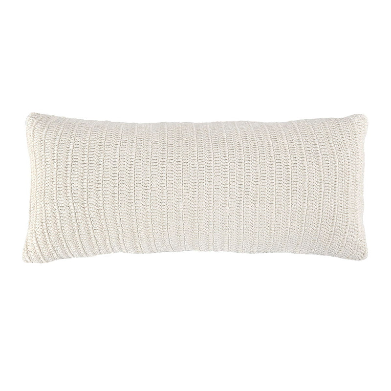 White textured woven lumbar pillow, rectangular shape with stitched edges