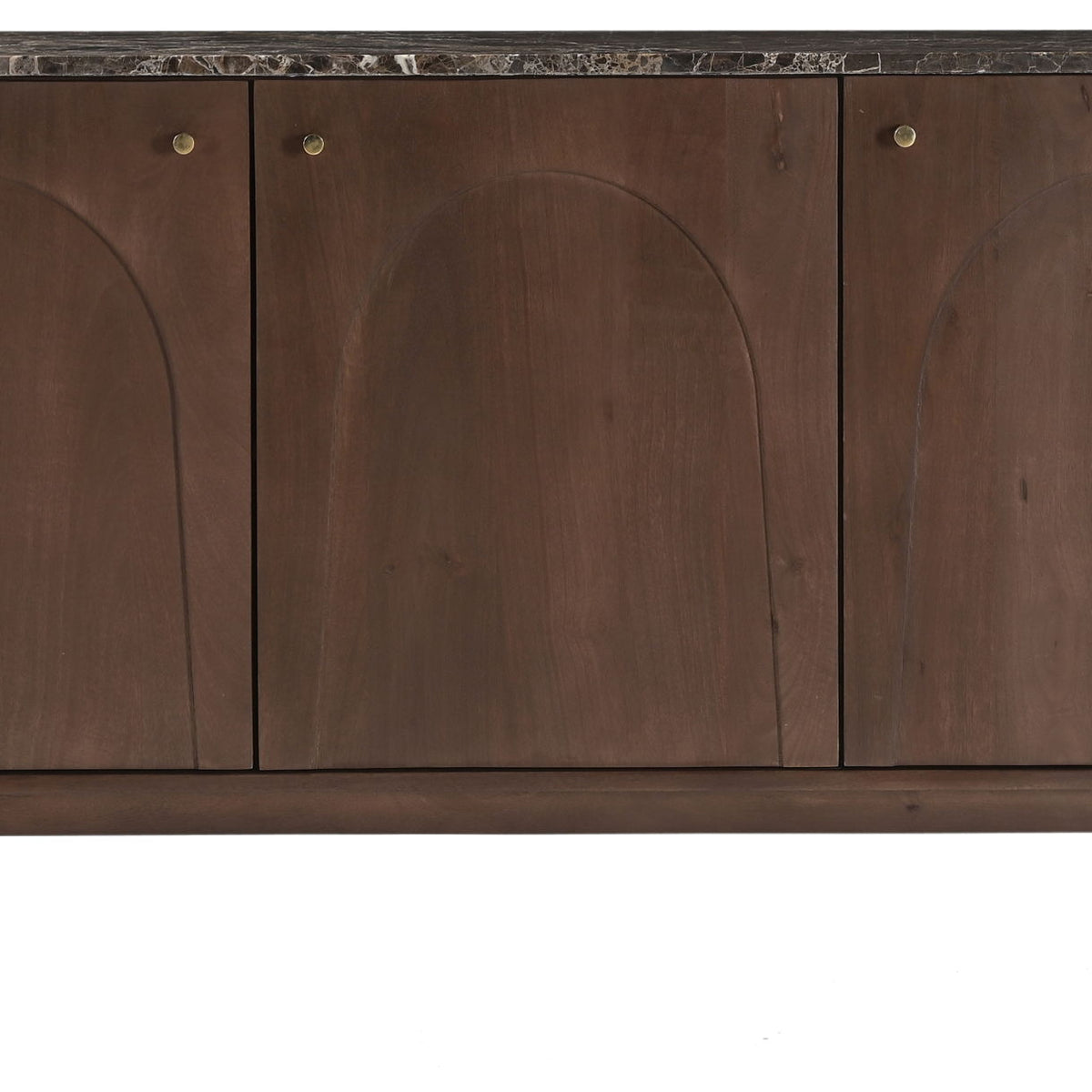 Dark brown sideboard front with marble top and three arched door panels