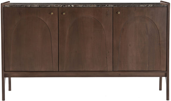 Dark brown sideboard front with marble top and three arched door panels