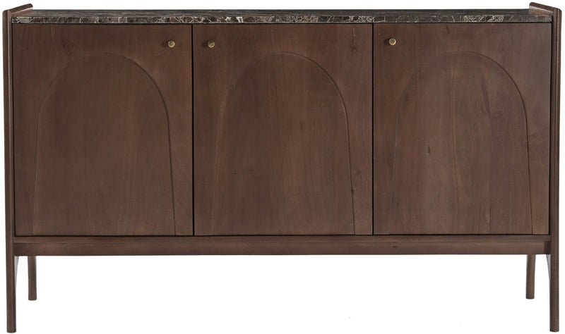 Dark brown sideboard front with marble top and three arched door panels