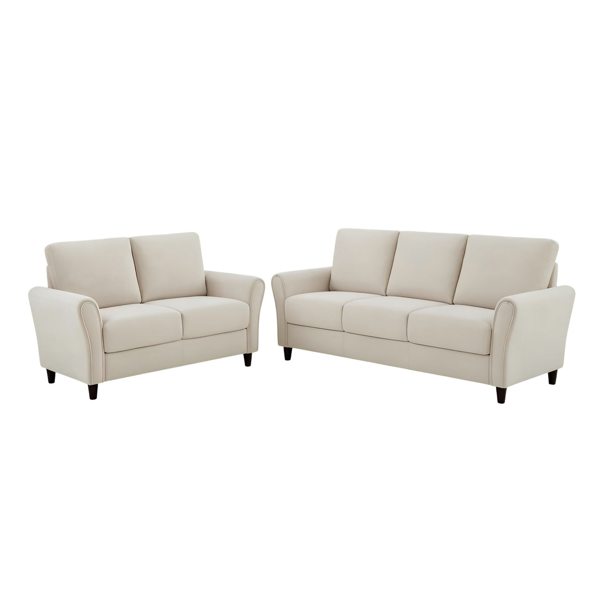 Beige 2-piece sofa set with loveseat and sofa, square arms, padded back cushions