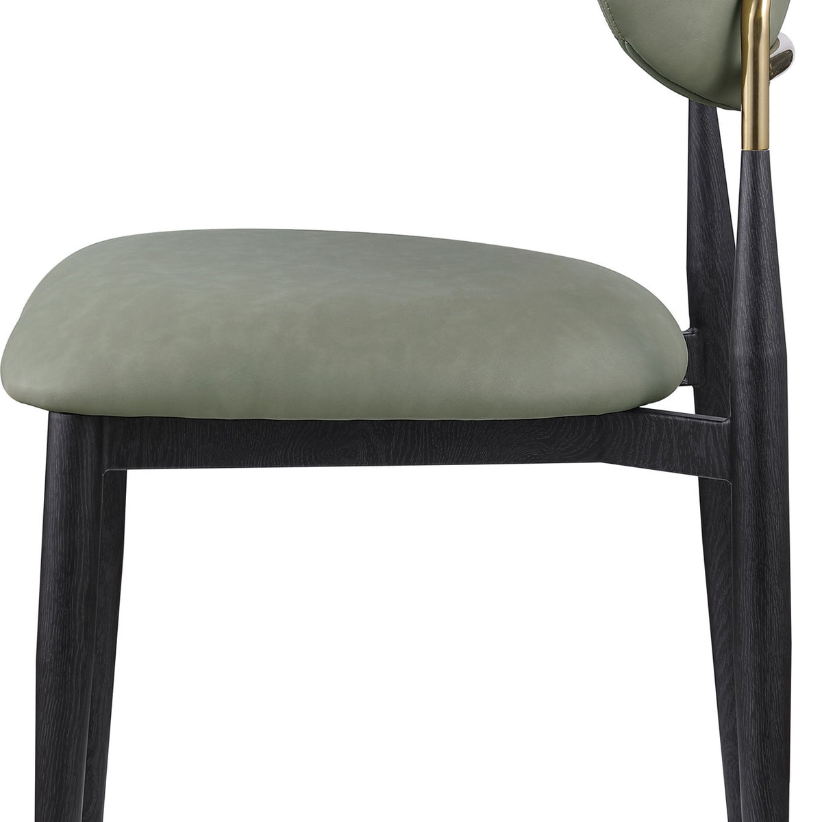 Upholstered dining side chair with gray-green seat and rounded back, black legs