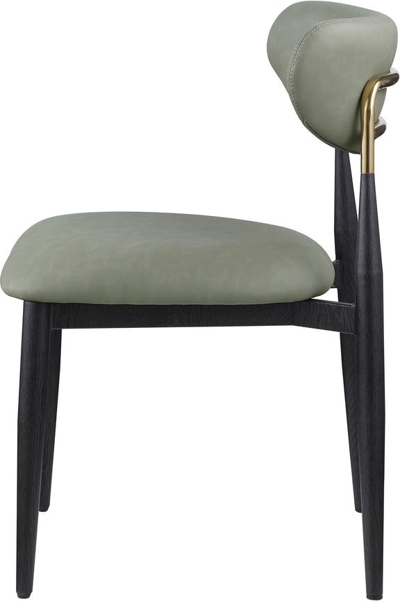Upholstered dining side chair with gray-green seat and rounded back, black legs