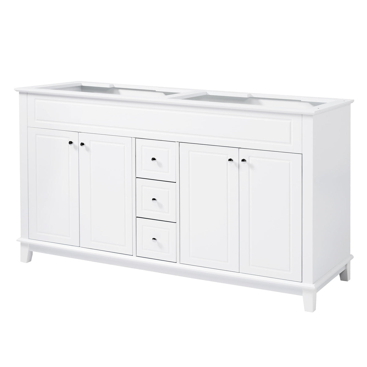 White bathroom vanity cabinet with 4 doors, 3 drawers, and open double-layer shelves