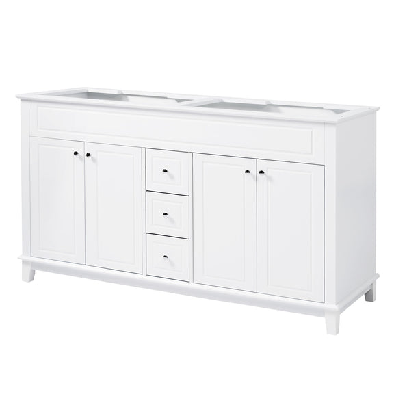 White bathroom vanity cabinet with 4 doors, 3 drawers, and open double-layer shelves