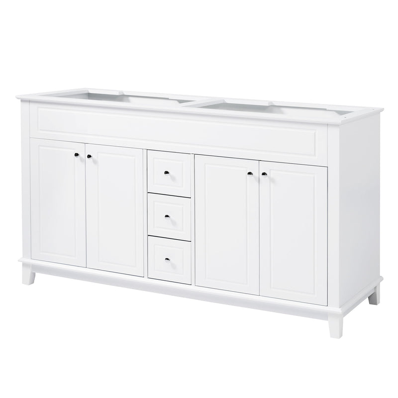 White bathroom vanity cabinet with 4 doors, 3 drawers, and open double-layer shelves